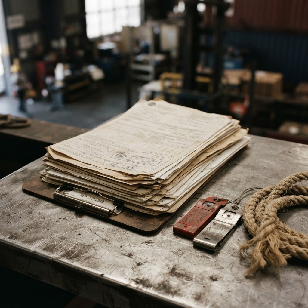 Trade documents and inspection materials arranged on a steel surface