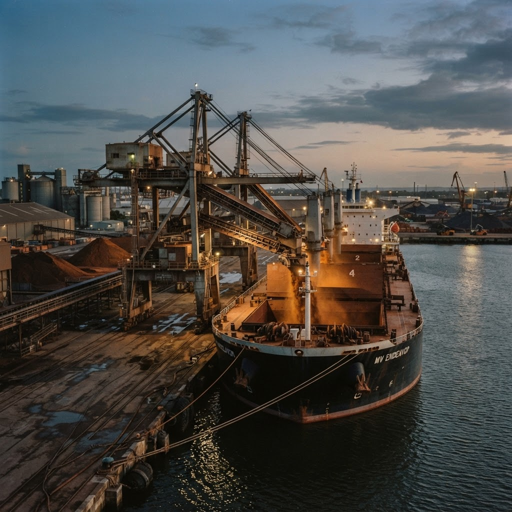Bulk carrier being loaded with copper concentrate at a commodity port at dusk